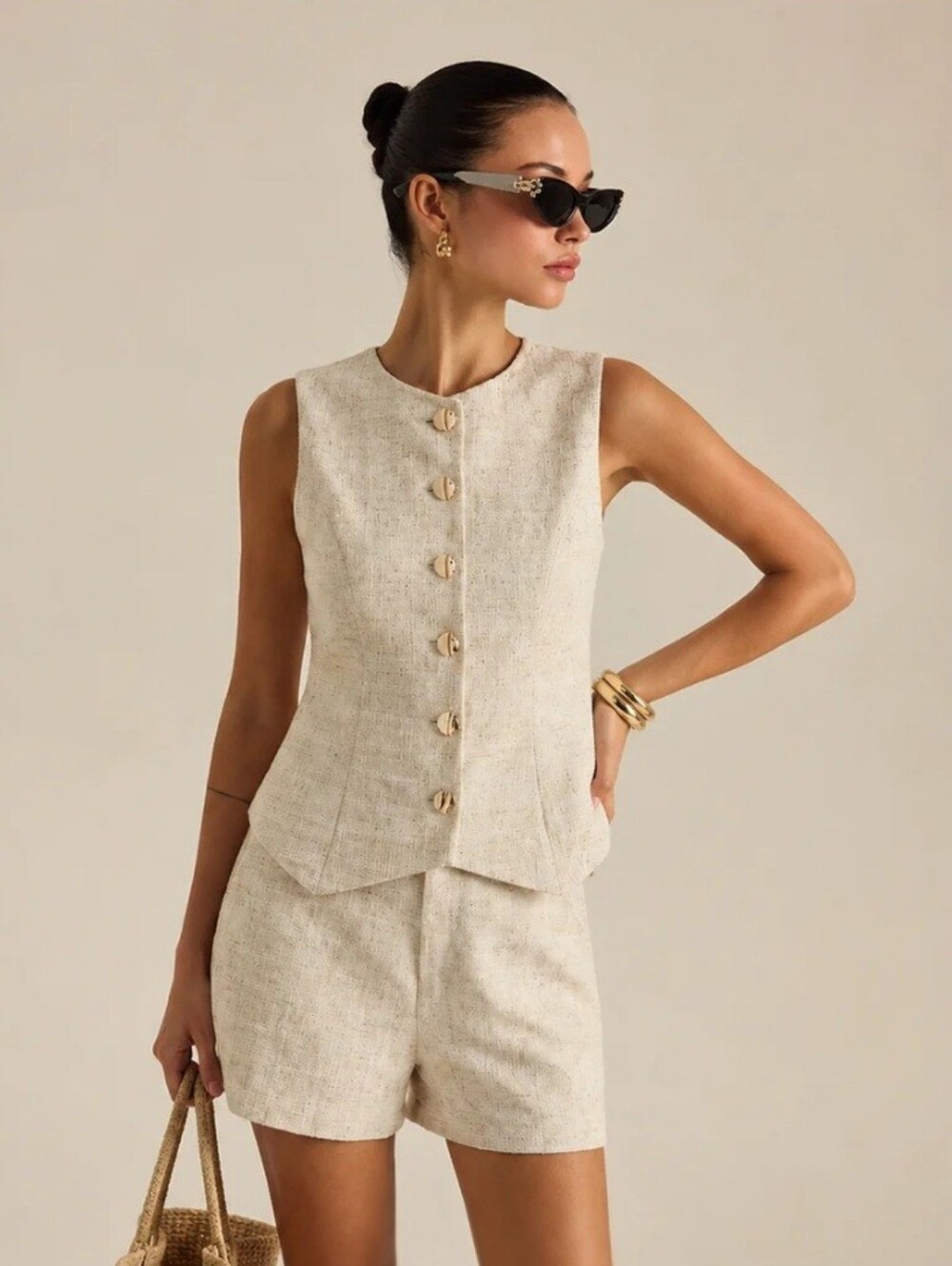 Commense Tweed Buttoned Vest & Mini Shorts Set